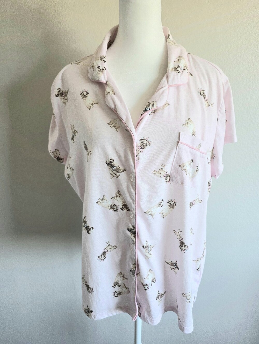 Laura Ashley Pink Pug Puppy Pajama Top Short Sleeve Button Cotton Blend XL RARE